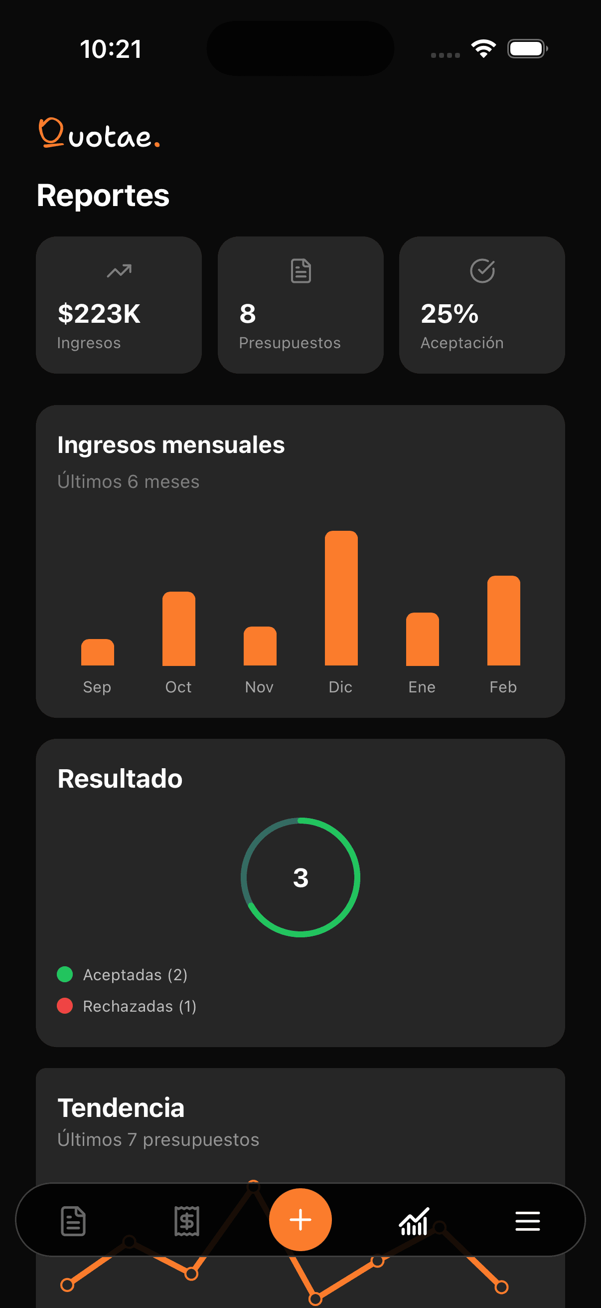 Quotae app showing project margin reports